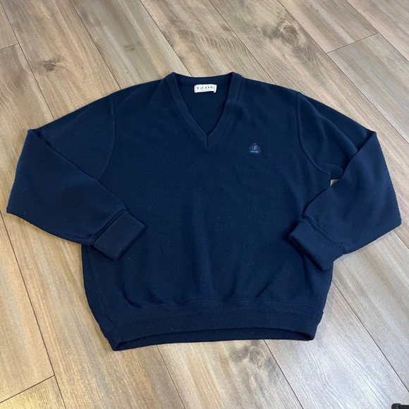 IZOD Vintage V Neck Sweater Blue Logo Knit Pullover Men Large - Picture 1 of 6